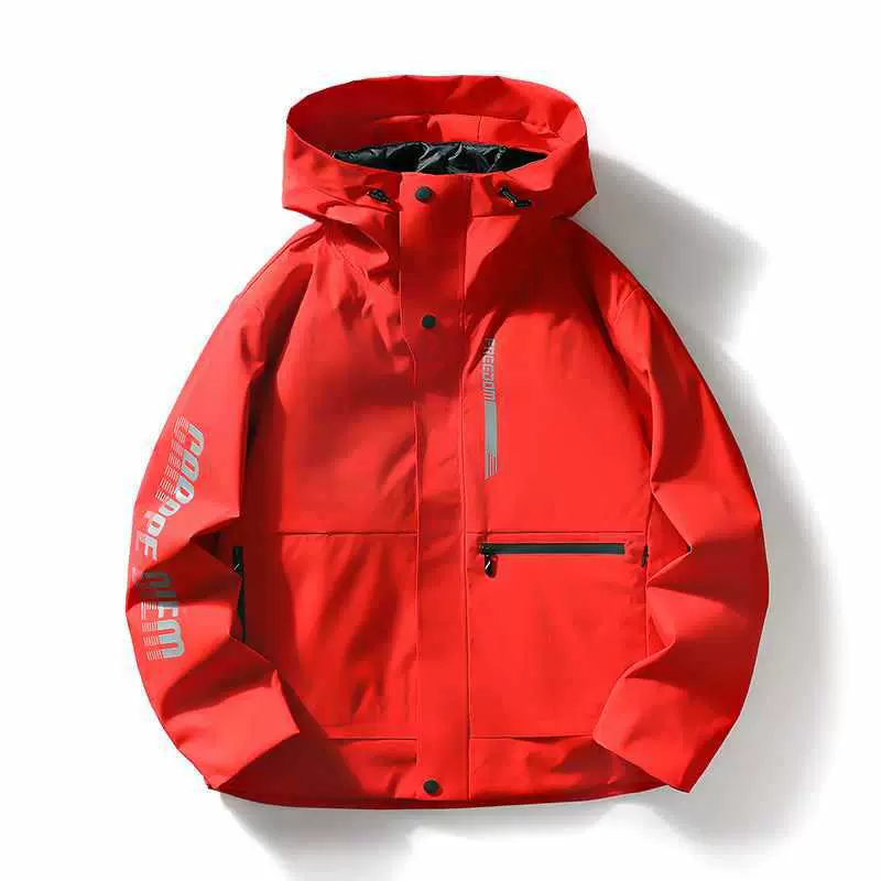 现货冲锋衣外套男女秋冬连帽夹克三房面料潮牌登山服休闲百搭红色