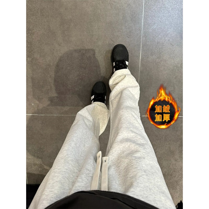 Gray-White Straight-Leg Solid Color Sports Sweatpants for Men and Women, Fleece-Lined, Loose Fit, Drapey Wide-Leg, Versatile Couple's Casual Long Pants Gray-White Straight-Leg Solid Color Sports Sweatpants for Men and Women, Fleece-Lined, Loose Fit, Drapey Wide-Leg, Versatile Couple's Casual Long Pants