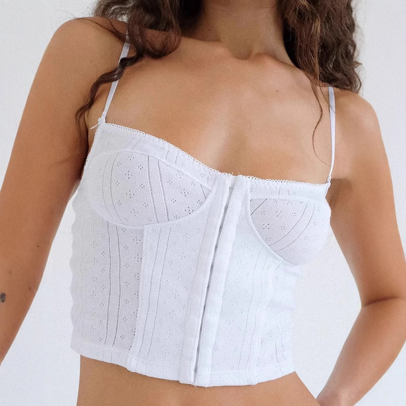 Summer French Sexy Pure Lust Hot Girl Design Bow Front Button Knitted Suspender Top