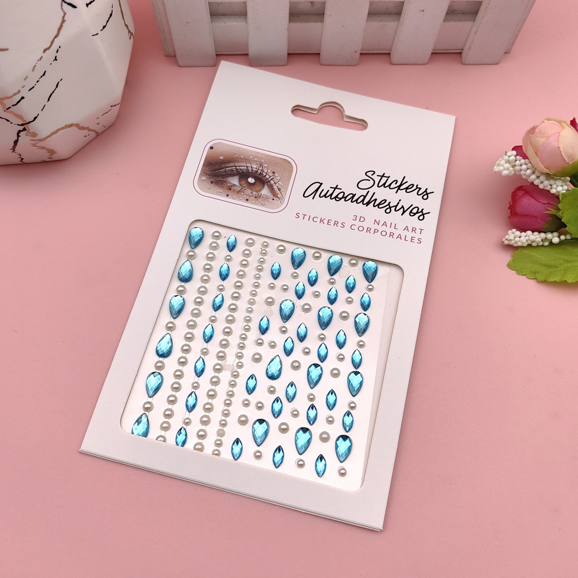 Pegatinas para maquillaje de ojos, pegatinas de diamantes de imitación para ojos, decoración facial, accesorios de maquillaje de perlas para diario, pegatinas de diamantes de imitación para escenario infantil, venta al por mayor en stock.