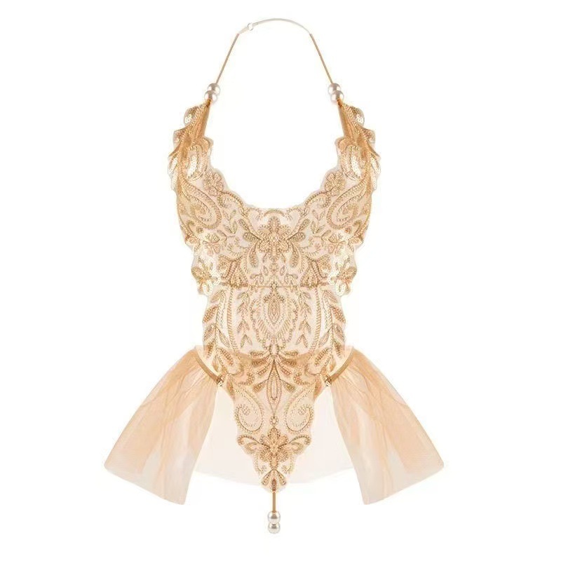 Beaded Embroidered Jumpsuit Lingerie Set with Suspender Skirt, Eye Mask and Stockings — detail image 5