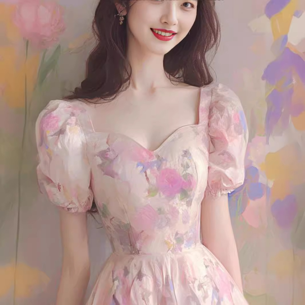 Đầm maxi nữ thắt eo phong cách Hepburn kiểu Pháp họa tiết hoa hồng cổ điển lãng mạn — Màu hồng