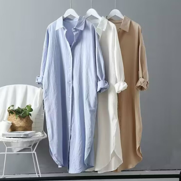 Women's shirt, new spring and autumn fashion, Korean style, solid color, versatile top, medium-long, loose-fitting, long-sleeved, plus-size shirt Women's shirt, new spring and autumn fashion, Korean style, solid color, versatile top, medium-long, loose-fitting, long-sleeved, plus-size shirt