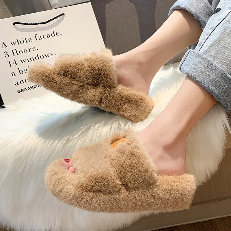 Furry slippers for women's outer wear thick-soled slippers women's wedge heels 2022 new autumn and winter home double-sided cotton slippers_voghion.com
