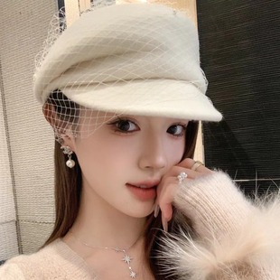 Fairy style pearl mesh side pressing equestrian hat women autumn and winter Australian wool felt hat small fragrant style baseball hat top hat