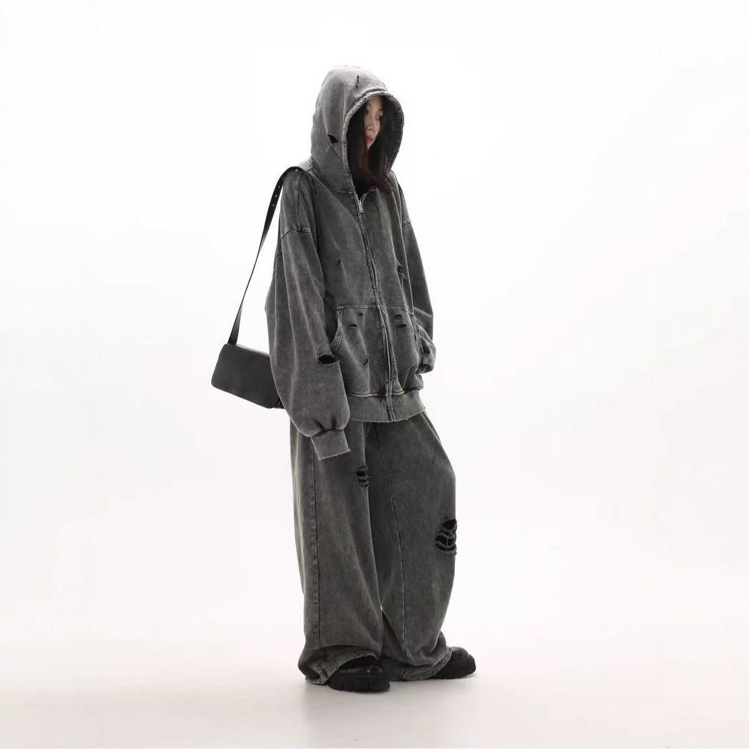 Moletom com capuz rasgado estilo europeu e transfronteiriço para homens, lavagem reforçada, modelagem folgada, versátil estilo vintage para casais._voghion.com