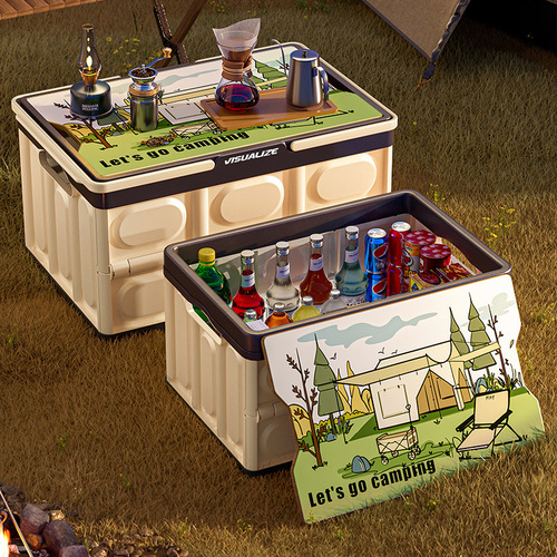 Outdoor camping wooden cover folding box extra large folding camping storage box folding table car trunk household box