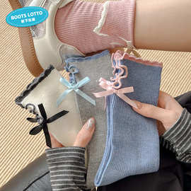 春秋开口棉袜女袜子蝴蝶结配饰日系中筒袜休闲袜吸湿排汗堆堆袜
