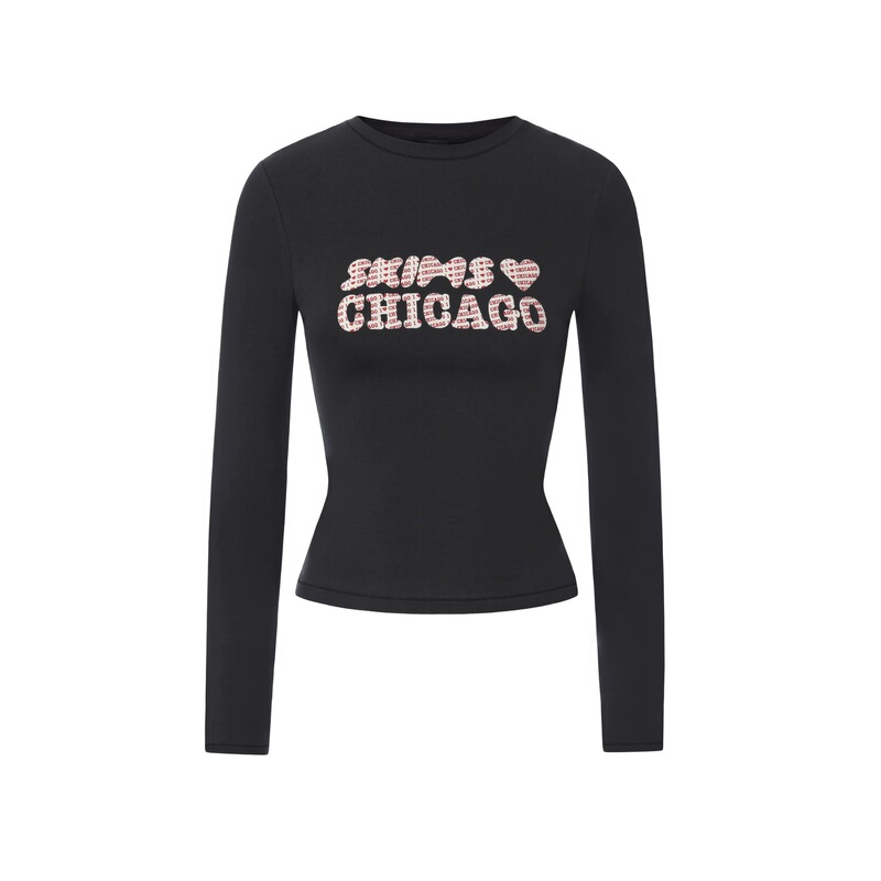 High-Quality 2026 Spring/Summer Skims Kardashian Chicago Limited Edition 3D Letter Print Slim-Fit Long-Sleeve T-Shirt