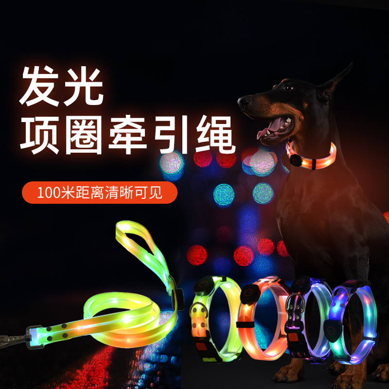 发光牵引绳定制LED夜间发光狗绳宠物牵引带遛狗绳尼龙牵狗绳定做