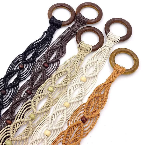 Bohemian Belt Woven Belt Retro Ethnic Style Woven Belt Coffee Color Wooden Beads Wax Rope Knotted Belt for Men and Women
