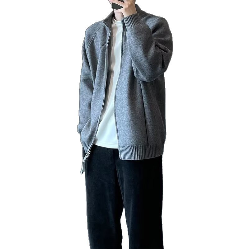 Transfronterizos perezosos color sólido collar zip suéter chaqueta hombre y mujer otoño invierno nuevo tipo suelto pareja de punto clip cardigan