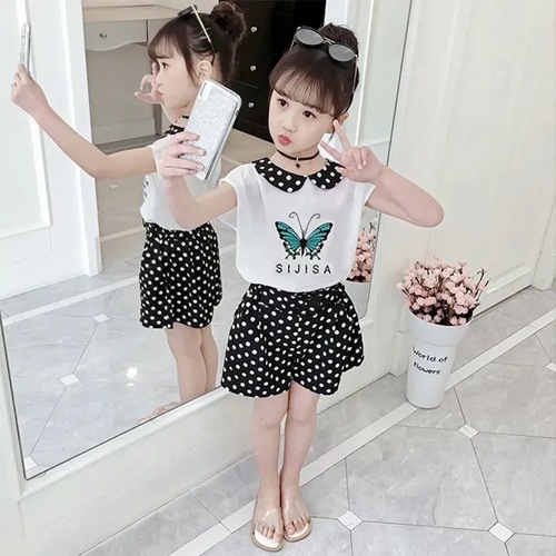 Girls' suits, summer clothes, new Korean style sports suits for primary and secondary school students, little girls' fashionable beach shorts two-piece set