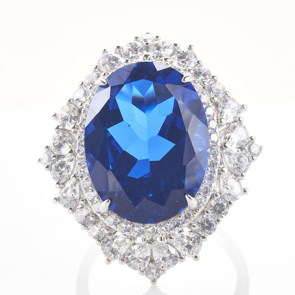 S925 plateado de cinco capas de espesor incrustaciones de platino sintético 30 quilates anillo de zafiro emperador transfronterizo en vivo para especial