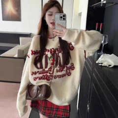 美式复古字母贴布刺绣圆领毛衣男女甜酷宽松慵懒风学生套头针织衫
