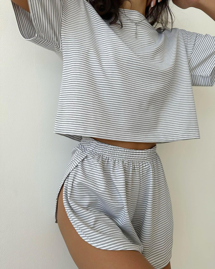 245g Weight Short Sleeve Sleeve Length Pajamas Lingerie Type Pullovers Placket Type Cotton, Polyester Fabric Type Short Top Length Shorts Sets Sets Type 2 Pieces Set Quantity Home Occasion Collarless Neckline Breathable Function Loose Fit Type Stripe Pattern Summer, Spring Season Women's Gender Casual Style Home Women's Casual Stripe Cotton Polyester Shorts Sets Pajama Sets 16