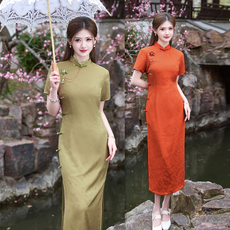 Vintage Chinese-Style Long Cheongsam for Mothers of the Bride, 2025 Summer New Cheongsam, Toast Dress, Bride's Engagement Cheongsam