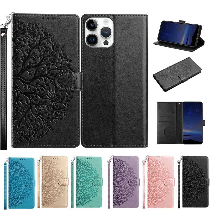 Suitable for Iphone17 Pro Max Tree of Life Embossed Card Holder Leather Case Apple 16 Wrist Strap Wallet Solid Color Suitable for Iphone17 Pro Max Tree of Life Embossed Card Holder Leather Case Apple 16 Wrist Strap Wallet Solid Color