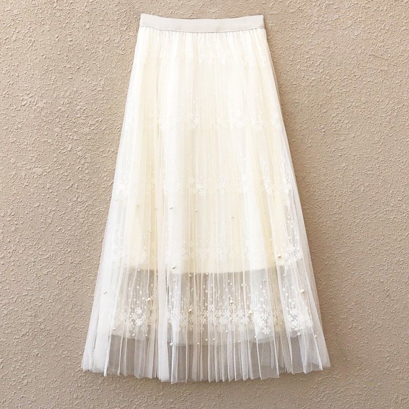 Internet celebrity gauze skirt lace mesh skirt women's spring TikTok fairy gentle fairy skirt pleated skirt long skirt