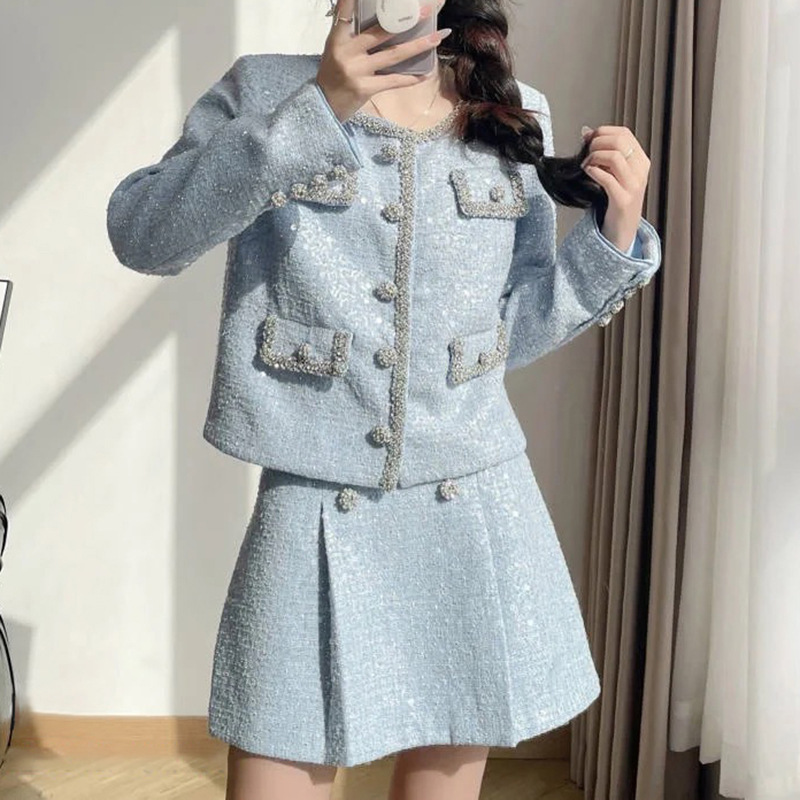 2025 Autumn Tweed Style Jacket Mist Blue Round Neck Glitter Sequin Exquisite Diamond Trim Skirt Two-Piece Set 2025 Autumn Tweed Style Jacket Mist Blue Round Neck Glitter Sequin Exquisite Diamond Trim Skirt Two-Piece Set