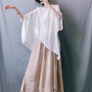 Cotton and Linen Tops, Plus Size Women's T-Shirts, Covering the Flesh, Slimming Look, Elegant, Asymmetrical, Cool Style, Thin Sun Protection Blouse, Bat Sleeves