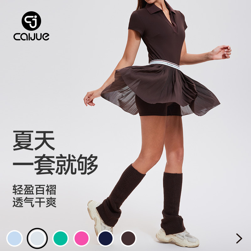 Caijue Tennis Wear Sports Suit for Women, Polo Short Sleeve Pleated Skirt Two-Piece Set, Slimming Badminton Outfit Caijue Tennis Wear Sports Suit for Women, Polo Short Sleeve Pleated Skirt Two-Piece Set, Slimming Badminton Outfit