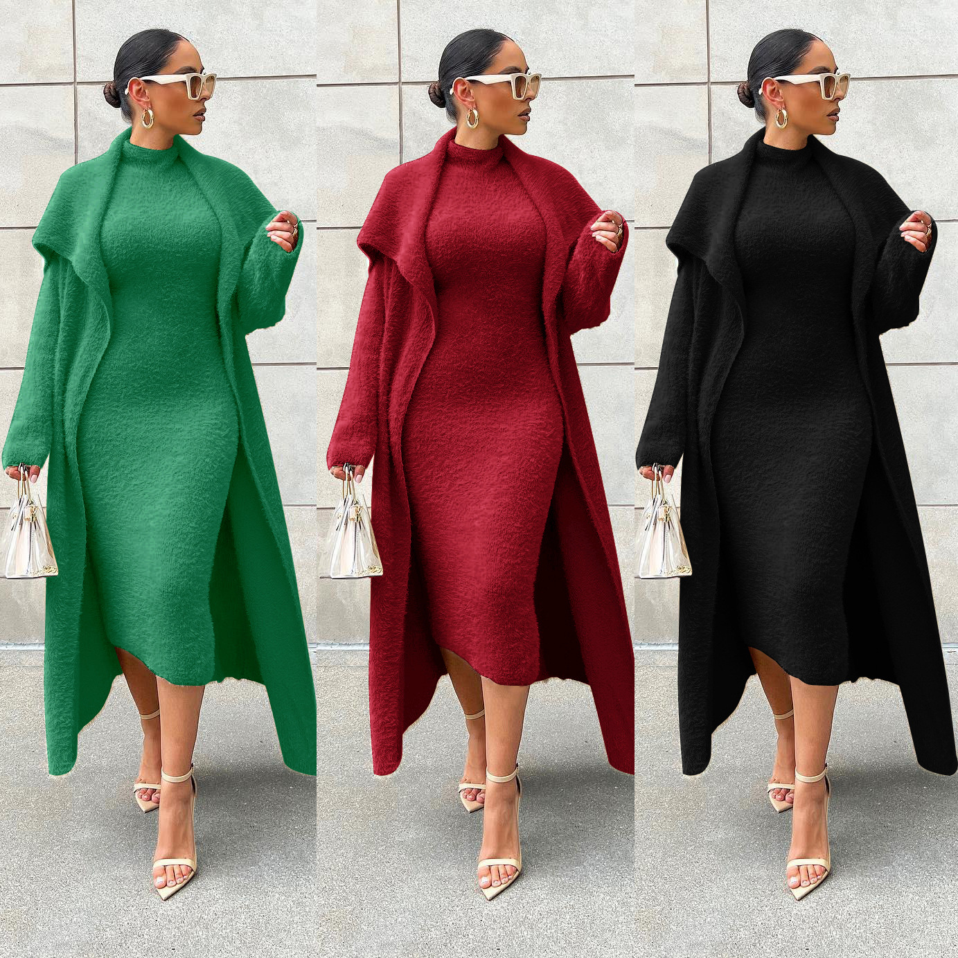 Abbigliamento da donna Temperamento Abito e cappotto Due pezzi Cardigan lungo e largo Abito in velluto_voghion.com