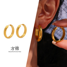 方糖圆形素圈耳扣耳圈女不锈钢镀真金简约气质睡觉免摘清冷感耳饰