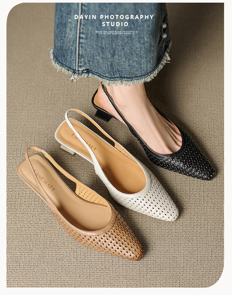 Sandal nữ da bò dệt mũi kín gót thô cao 6 cm phong cách công sở — đen chi tiết 1