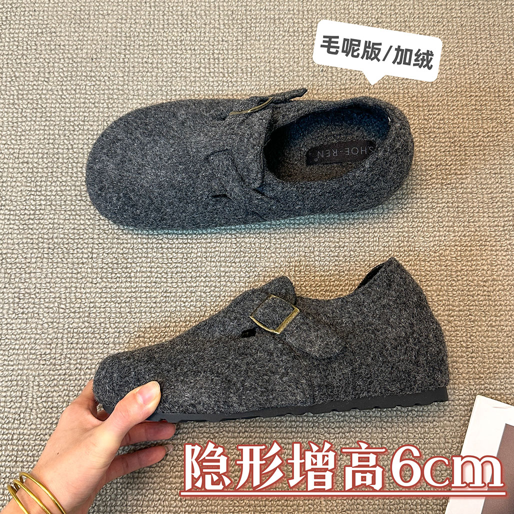 内增高6cm加绒勃肯鞋女冬灰色单鞋新款韩版保暖棉鞋毛毛鞋女外穿