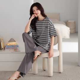 夏季新款纯棉女短袖长裤套头睡衣卡通休闲女家居服图片色圆领居家