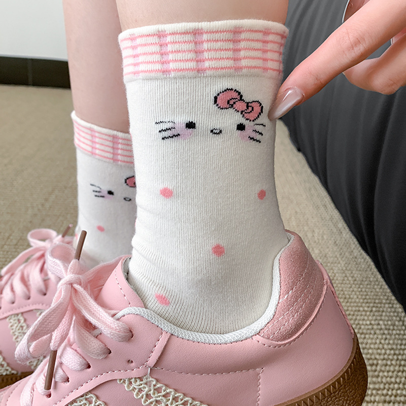 春と夏の甘いキティ猫ソックス女性のミッドカーフソックス春と夏の薄いかわいい漫画ピンクレースパイル|undefined