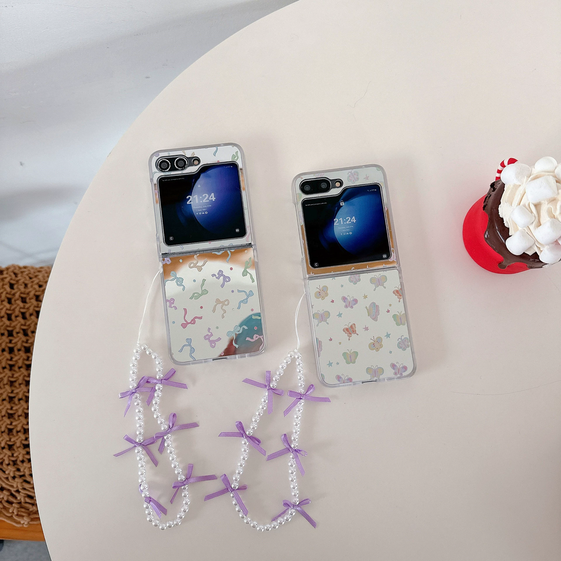 Samsung, совместимый GalaxyZFlip6 с бантом, чехол, защитный чехол, браслет, эффект зеркала, 3/4