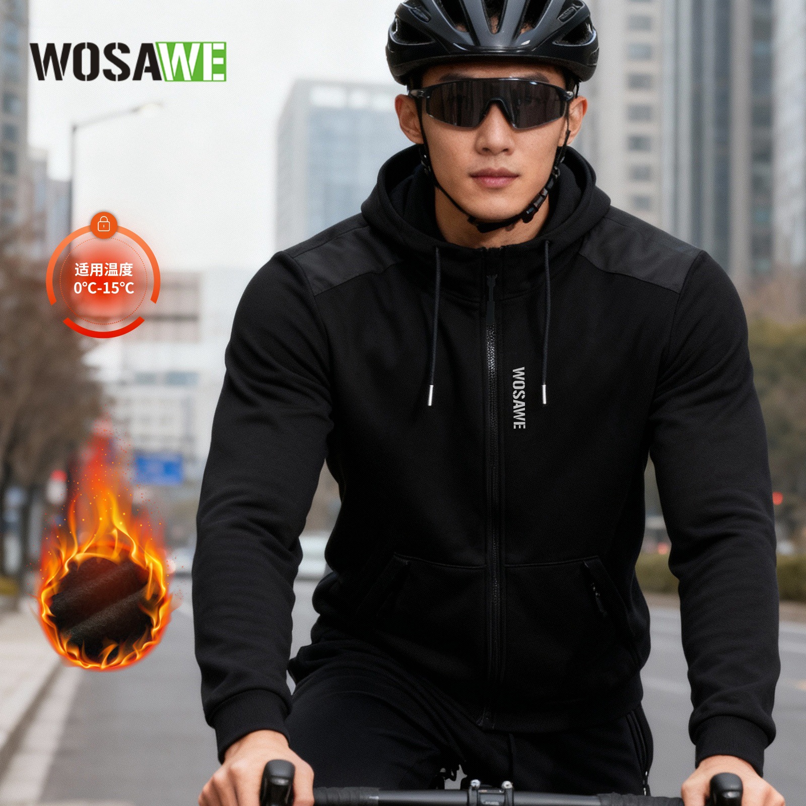Wosawe Autumn and Winter Fleece Warm Hooded Sweatshirt for Men and Women Multi-Flap Pocket Pants Reflective Long-Sleeved Jacket Cycling Jersey