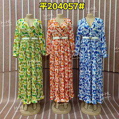 2025新型外国貿易アフリカ女装ファッションプリントvネック長袖ロングワンピースとベルト