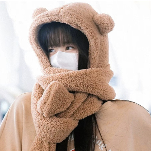 Winter New Women's Hat Scarf Combo Plush Thick Ear Warm Bear Hat Cycling Warmth Anti-Frost LuSi Same Version