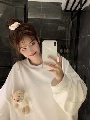 Pocket Bear Sweatshirt Women's Loose Korean Style Mid-Length Spring and Autumn Wear Thin 