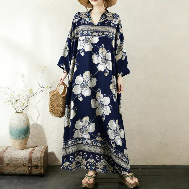 2026 Women's Dress Retro V-Neck Bohemian Style Printed Loose Fit Plus Size Beach Dress Tk Dropshipping