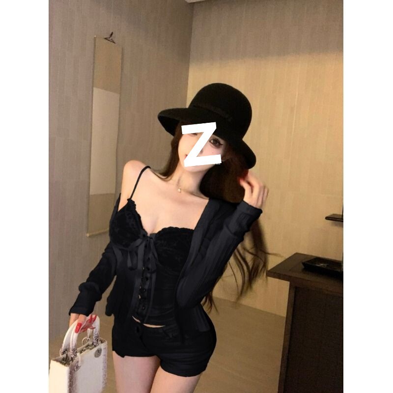 巧克少女纯欲风蝴蝶结蕾丝拼接吊带背心女夏季防晒长袖开衫单套装|undefined