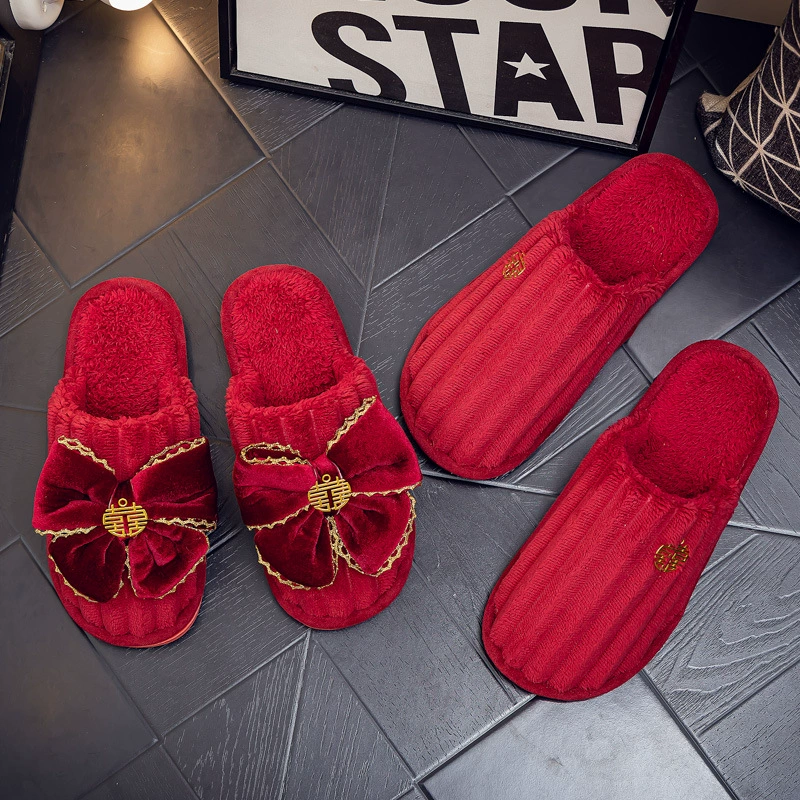 Свадебные тапочки Праздничная красная пара Свадебная пара Легкие Роскошные утренние платья невесты Хлопковые тапочки Осень и зима