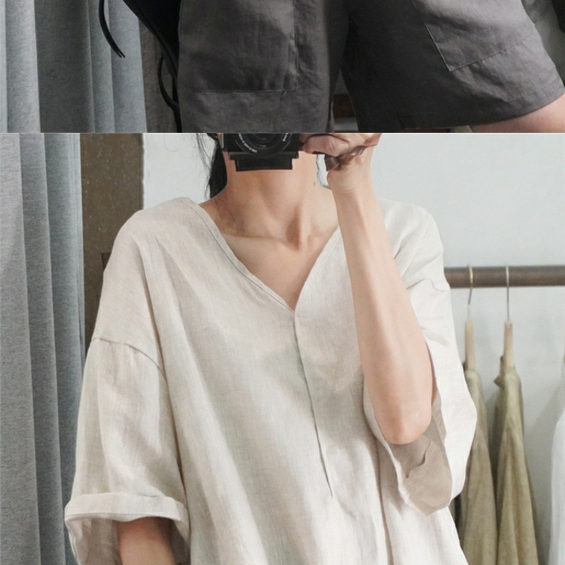 Women's Clothing Summer Style Women's Casual Shirt Short Sleeve Loose Cotton Linen Top Plus Size Pink And Black_ecoleips.com
