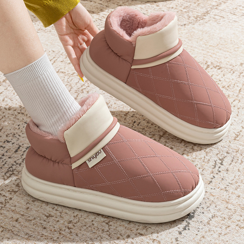 Winter Snow Boots for Women, Fleece-Lined and Thickened, Men's Closed-Back Home Slippers, Warm, Waterproof, Non-Slip Cotton Slippers for Women, Suitable for Outdoor Wear