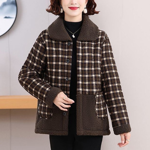 Mother's Winter Coat Middle-aged and Elderly People's fleece-lined Plaid Thickened Women's Fashion Cotton Coat Cotton Coat Fashion Small Cotton Coat
