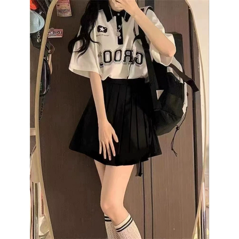 Новый летний простой японский милый крутой стильный воротник с короткими рукавами + плиссированная юбка, женский комплект из двух предметов с модным дизайном