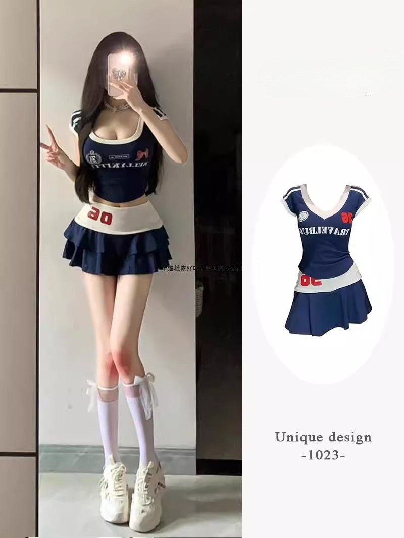 American Preppy Style Casual Sports Style Suit Women's Spring Sexy U-Neck Short-Sleeved Top A-Line Skirt Two-Piece Set
