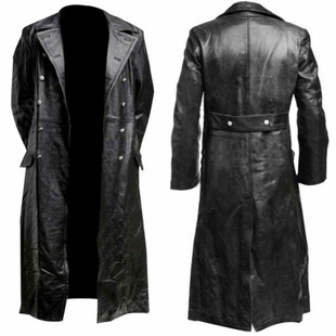 2025 European and American Large Size Long Leather Windbreaker Men's Double-Breasted Leather Jacket Cos German Military Leather Coat F03