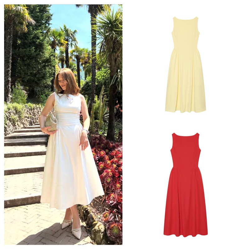 Pb&Za Foreign Trade Women's Clothing Simple Style Boat Neck Pleated Sleeveless A-Line Hem Long Dress 37011404