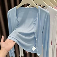 Серый резьбовой кардиган тонкая куртка солнцезащитный кофта платок женский внешний стиль 2025 новый офис рубашка с кондиционером летом