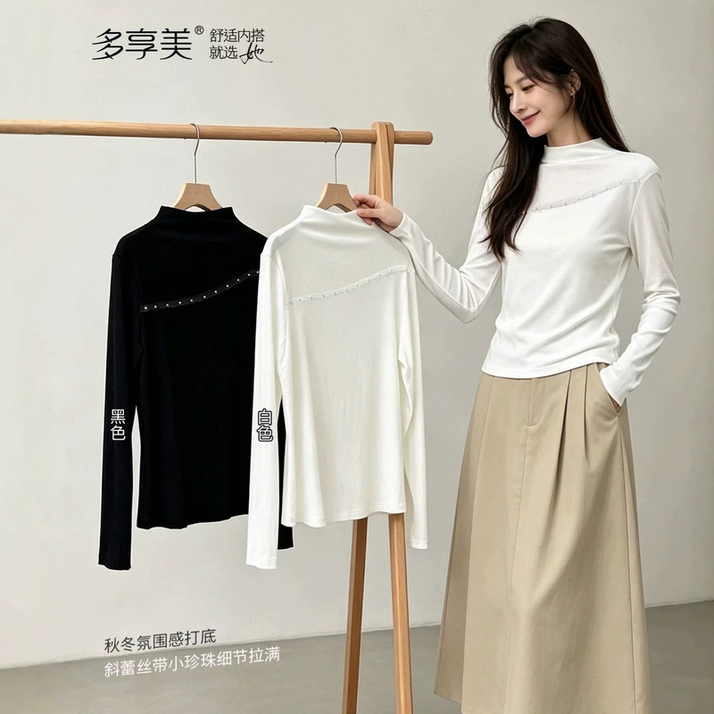 Duoxiangmei One-Shoulder Long-Sleeve Base Shirt with Diagonal Lace Modal for Women, Autumn and Winter, Black and White Slim-Fit Top