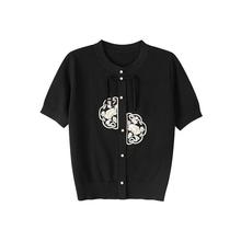 新中式国风圆领短袖黑色针织衫女夏季新款2024高级感减龄冰丝上衣